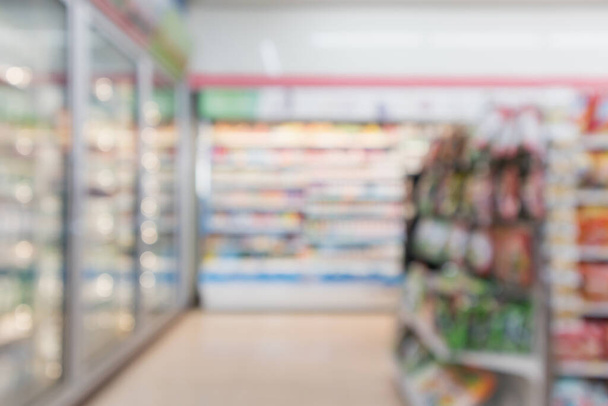 Abstract blur supermarket convenience store refrigerator aisle and product shelves interior defocused background - Foto, afbeelding