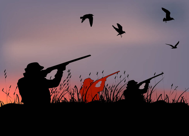 σπορ κυνηγός πρόσωπο με τουφέκι στο βάλτο πυροβολεί το παιχνίδι - Διάνυσμα, εικόνα