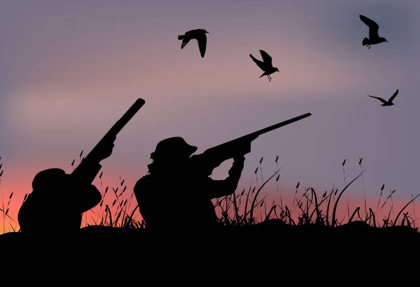 cazador de persona deportiva con rifle en los brotes de pantano juego - Vector, Imagen
