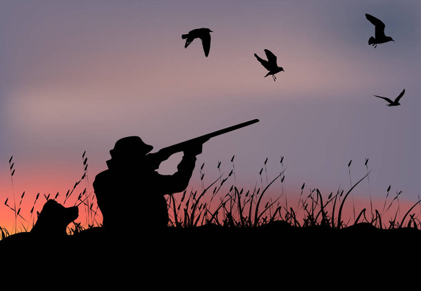 σπορ κυνηγός πρόσωπο με τουφέκι στο βάλτο πυροβολεί το παιχνίδι - Διάνυσμα, εικόνα