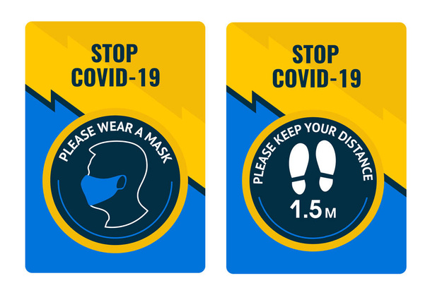 Yellow and blue Cards. Stop covid19. Please wear a mask. Please keep your distance. - Vector, Image