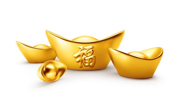Yuan Bao - китайський золотий сич ізольований на білому тлі, китайська каліграфія "FU" (Іноземний текст означає Процвітання) - 3D Рендеринг - Фото, зображення