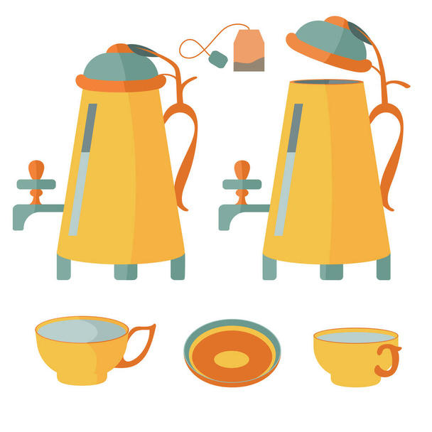 Tea set. A mug of water, a tea bag. Vector illustration. - Vektor, kép