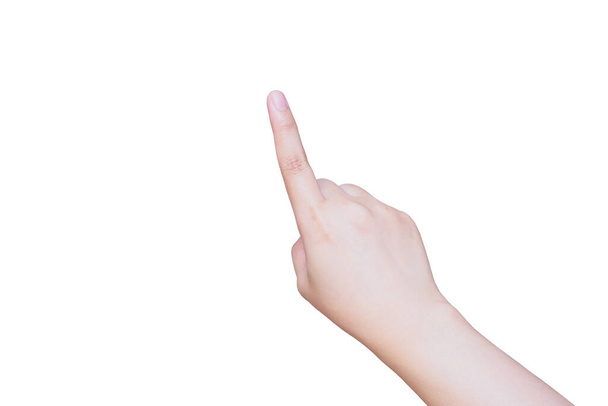mão feminina tocando ou apontando para algo isolado no fundo branco com caminho de recorte - Foto, Imagem
