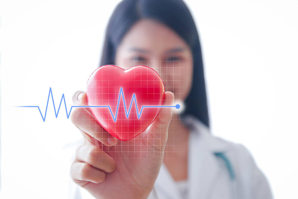A female doctor with a red heart shaped ball There is a graphical representation of the ECG. Health care concept - Photo, Image