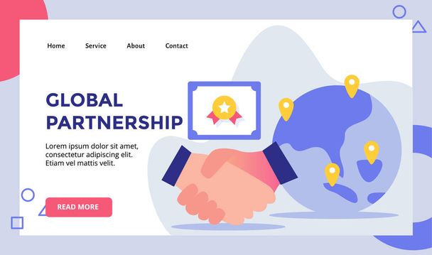 Globale Partnerschaft Handschlag Hintergrund der Zertifikat-Kampagne für Web-Website Startseite Landing Page Template Banner mit flachen Stil-Vektor - Vektor, Bild