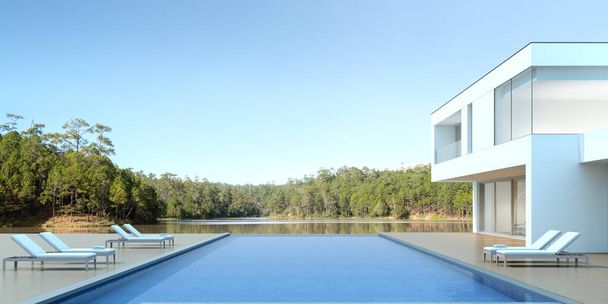 湖の背景にスイミングプール付きの白いモダンな家の3Dレンダリング,大きな窓のデザインの外観. - 写真・画像