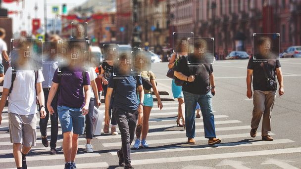 Face recognition and personal identification technologies in street surveillance cameras, law enforcement control. - Zdjęcie, obraz