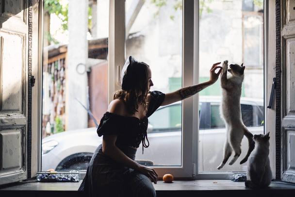 Hezká žena hraje s siamskými kočkami - Fotografie, Obrázek