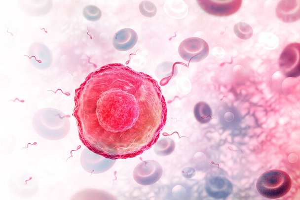 Sperma i komórki jajowe na tle naukowym. Ilustracja 3D - Zdjęcie, obraz