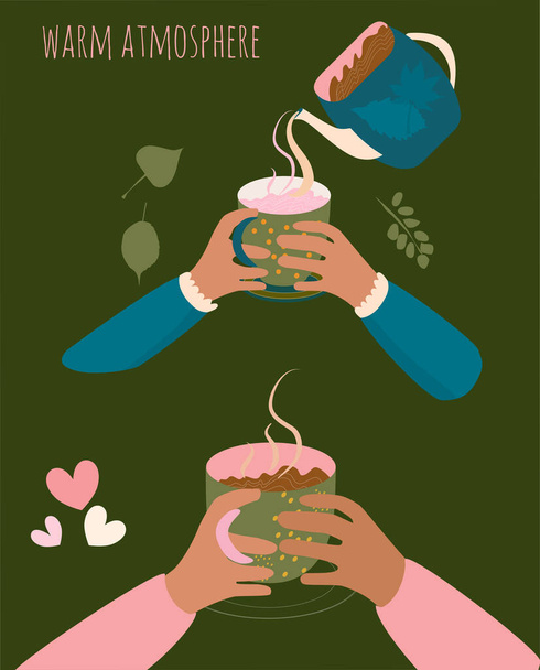 Two pair of hands holding cups with hot drink. Milk,tea,cacao or coffee is pouring from the kettle.There is steam from a mug. Cozy mood and warm atmosphere vector flat illustration. Menu decoration - Vector, Image