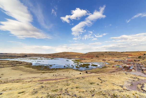 Panoramic view from Burial Towers (Chullpas)  at the archaelogical Site of Sillustani on the shores of Lake Umayo near Puno, in Peru - Фото, зображення