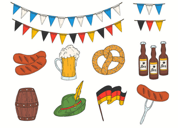 Hand drawn colored barrel, glass, bottle, pretzel, flag garland, sausage, german flag in sketch style. Oktoberfest objects for menu, poster, banner, flyer, brochure, web, advertising - Wektor, obraz