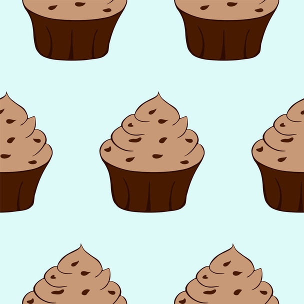 Tasty chocolate cupcakes isolated on blue background. Sweet dessert seamless pattern. Vector illustration - Vector, Imagen