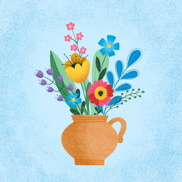 belos buquês de flores em embrulho e floração planta em vasos de argila ou de plástico. Composição de tulipa e broto. item florista loja decorativa no fundo azul
 - Foto, Imagem