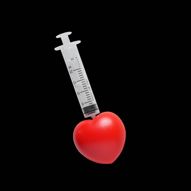 červené srdce s injekční jehlou nebo injekční stříkačkou lékařský nástroj pro lásku Valentýna nebo pečovat nebo udržovat a léčit srdeční onemocnění pro sílu zdraví na černém pozadí včetně výstřižku cestu - Fotografie, Obrázek