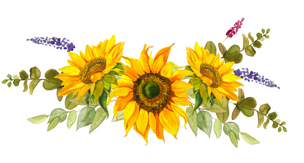 Ein Strauß gelber Sonnenblumen, gebunden mit einer blauen Schleife, Aquarell auf weißem Hintergrund. Sonnenlicht, Sonnenblume. Für die Gestaltung von Schreibwaren, Textilien, Kleidung, Kissen, Aufklebern. - Foto, Bild