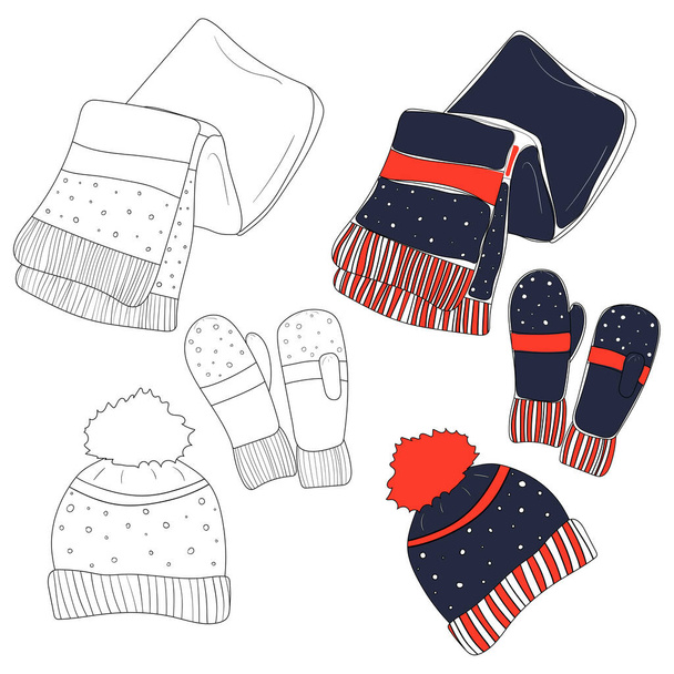 Winter hand drawn set of sketch scarf, mittens and winter hat icons. Knitted winter outlines. Vector stock illustration isolated on white background. Warm wear item. - Vector, Image