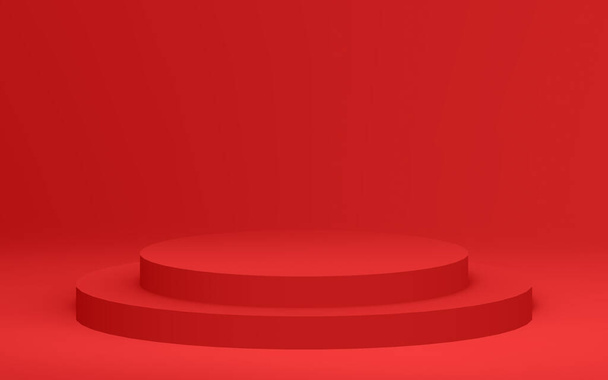 Трехмерный красный цилиндр подиум минимальный студийный фон. Абстрактная трехмерная иллюстрация геометрической формы объекта. Продукт для летнего отдыха. - Фото, изображение