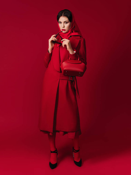 Hight fashion look.total Retrato de um modelo elegante com lips.gorgeous vermelho jovem morena, casaco, saco, salto alto, óculos, cachecol cabeça, estúdio shot.Makeup
. - Foto, Imagem