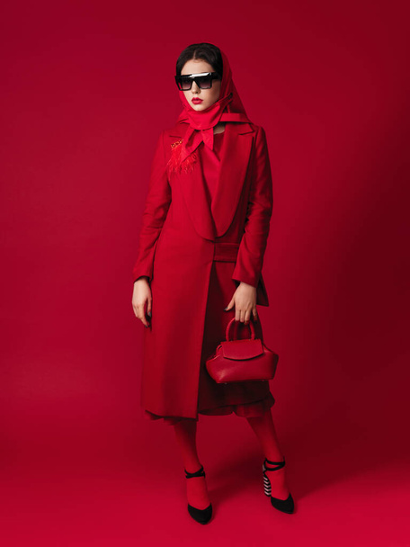 Derékig portré vonzó modell fényes smink néz kamera. Piros kabátot visel és egy táskát tart a kezében. Divatmodell. Vörös rúzs. Magas divat portré - Fotó, kép