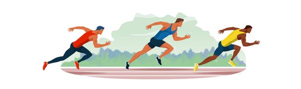 Athletes run through the stadium. Race of athletes. Young men are jogging in the fresh air. Vector flat design illustration. Sport competition between running men. - Vector, Image