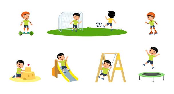 Little asian boy plays in the playground. Concept of summer entertainment. Child plays different summer games.  Sport and recreation. Cartoon character, flat vector illustration set. - Vector, Image
