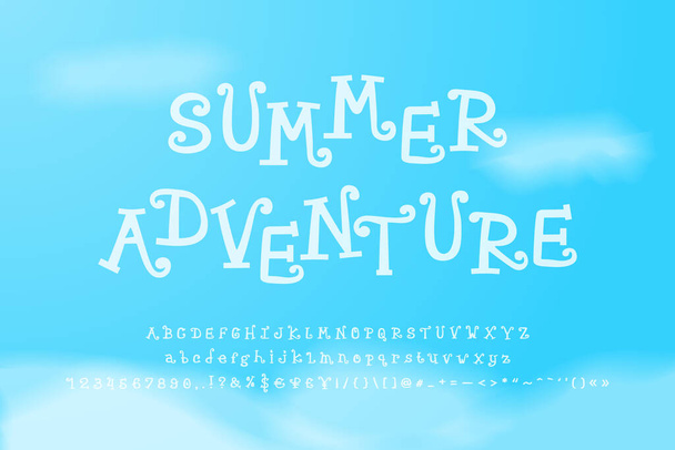 Summer adventure. White curly font on blue sky background. Hand drawn uppercase and lowercase alphabet letters, numbers, punctuation marks. Cartoon typeface for summer design - Vektor, kép