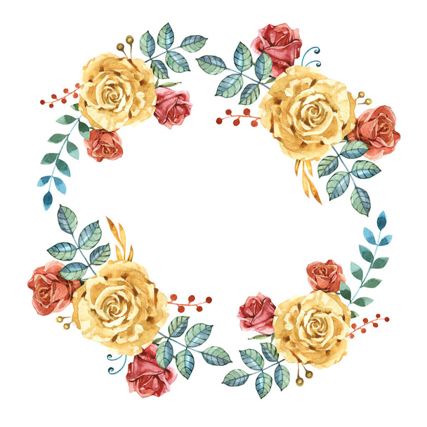 Цветочная свадебная пригласительная карта с розой и листьями в акварельном стиле. Ботанический шаблон с золотыми цветами для приглашения, приветствия и обложки, полиграфия. - Фото, изображение