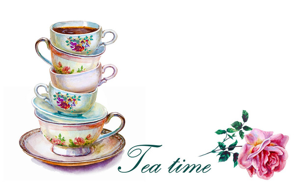 Parti rengarenk çay fincanları ve çiçekli çay tabakları. El yapımı eskiz. Sevgililer günü için kartpostal. Suluboya çizimi. - Fotoğraf, Görsel