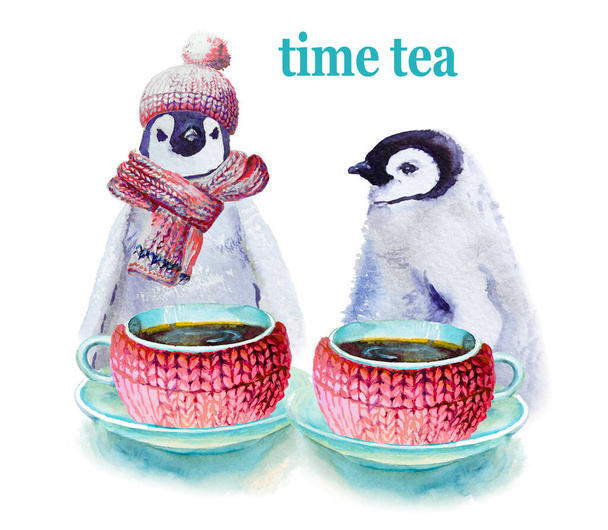 Вечірка з барвистими чашками для чаю і тарілками з пінгвінами. Шматок ручної роботи. Поштова листівка на День святого Валентина. Ватерколірна ілюстрація. - Фото, зображення