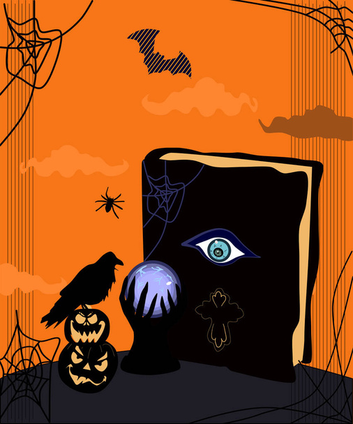 ハロウィン怖い夜のイラスト。魔法の呪文本とクリスタルボールまたは占い師。死の日暗いコウモリ、クモの巣、黒いカラスがジャック王の提灯に座っています。コンジュール予測を. - ベクター画像