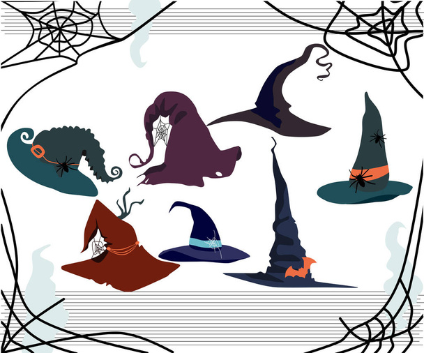 Halloween card with witch pointed hats of different styles.Decor in the form of a spiders, cobwebs, bats.Torn edges, holes in the fabric.Festival or party costume for the sorceress.Creepy Day of the Dead - Вектор,изображение