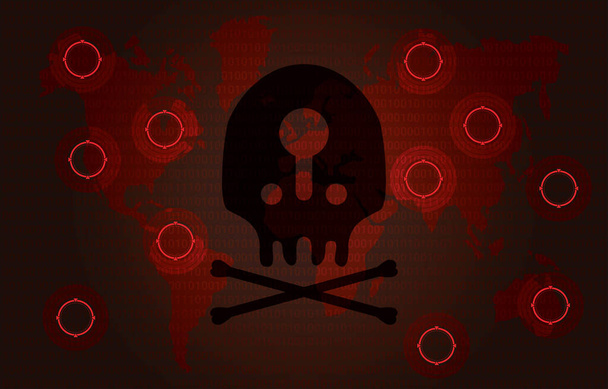 Cyber-Angriffe auf der ganzen Welt wie Malware, Spyware, Viren und Ransomware-Konzept. Totenkopf-Design mit Angriffszielen auf Erdkarte und Binärcode-Hintergrund. Vektor-Abbildung der Sicherheitstechnologie - Vektor, Bild