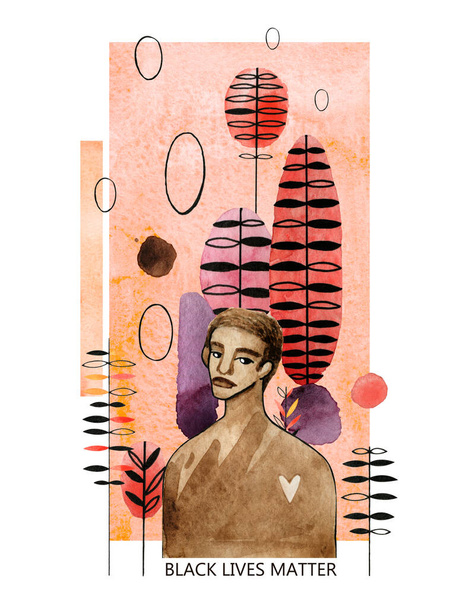 Watercolor illustration of african american man in modern futuristic style with the slogan Black Lives Matter. Abstract elements are arranged on a vertical orange stripe - Photo, Image