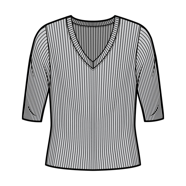 Geribbelde V-hals gebreide trui technische mode illustratie met elleboogmouwen, oversized body.  - Vector, afbeelding
