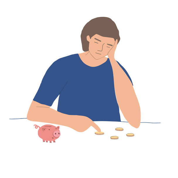 Cartoon sad man counts his money from piggy piggy bank. Bankruptcy and unemployment concept. A man or woman is thinking about finances. Flat vector illustration - Vector, Image