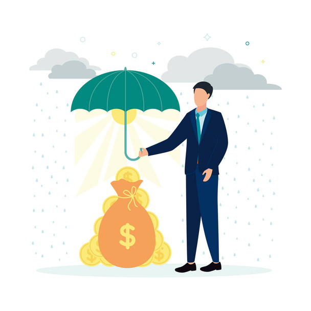 Rahoitus. Vektorikuvausvakuutus. Mies pitää sateenvarjoa rahakassin päällä, jossa on kolikoita, harmaiden pilvien ja sateen taustalla, auringon alla säteillä.. - Vektori, kuva