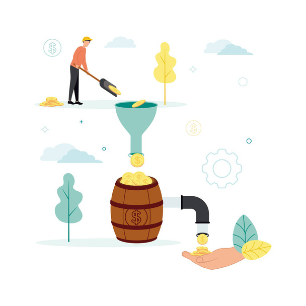 Finance. Vector illustration of financial intermediaries. A man puts coins with a shovel into a funnel, from which they go into a barrel, in which a tap, through which money pours into his palm. - Vector, Image