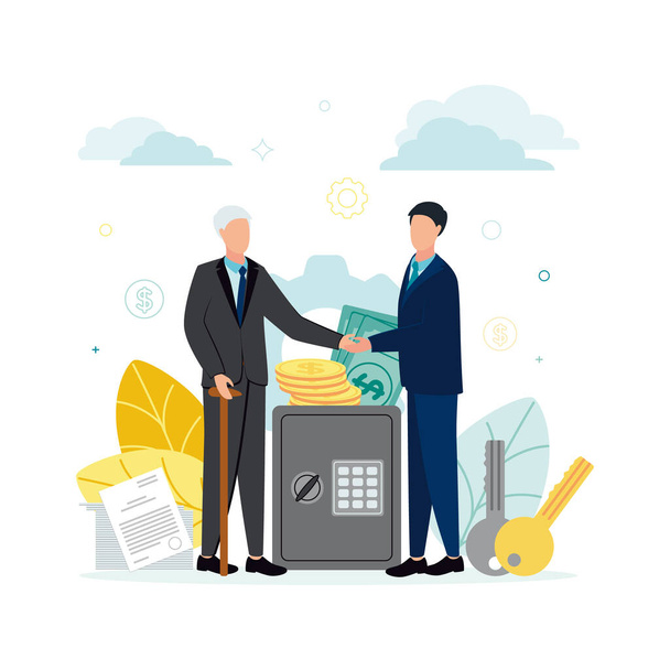 Finance. Vector illustration of trust, fiduciary services. An elderly man shakes hands with a man, next to them is a safe, money, documents, keys, against the background of a gear, leaves, cloud. - Vector, Image
