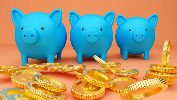 Ilustração renderizada em 3D de três bancos porquinhos azuis e moedas de ouro em queda. - Foto, Imagem
