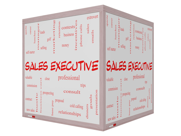 értékesítési executive szó felhő fogalmát a 3d kocka faliújság - Fotó, kép