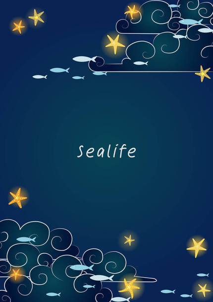 Stella marina sul cielo notturno e scuola di pesce con bordo vettore nuvola per la decorazione durante le vacanze estive. - Vettoriali, immagini