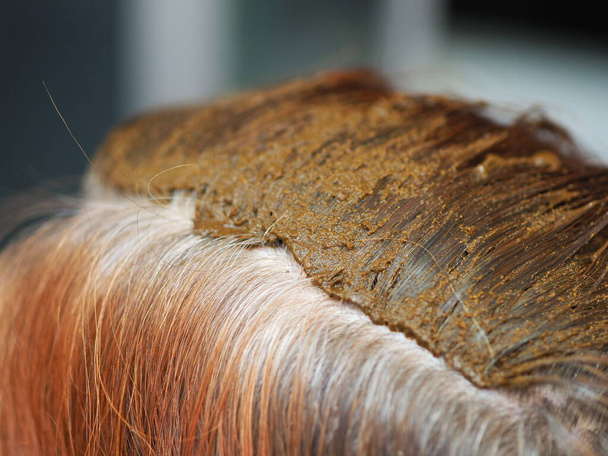 хна крашущая седые волосы на голове женщины - Фото, изображение