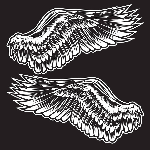 Alas blancas pluma de pájaro sobre fondo negro tatuaje vector  - Vector, imagen
