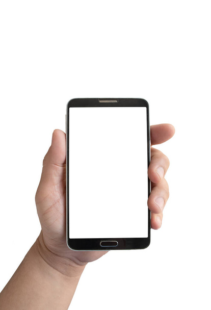 Vista laterale dello smartphone verticale a mano con schermo vuoto per pubblicità, informazioni, concetti grammaticali, informazioni, gammar, concetti tecnologici - Foto, immagini