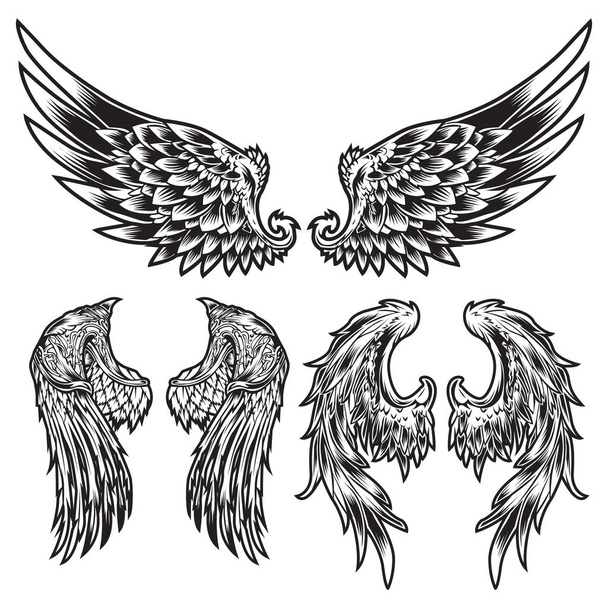 Ali uccello piuma nero & bianco tatuaggio vettoriale Set - Vettoriali, immagini