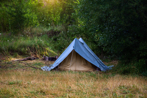 туристическая палатка в летнем лесу для отдыха на открытом воздухе. - Фото, изображение