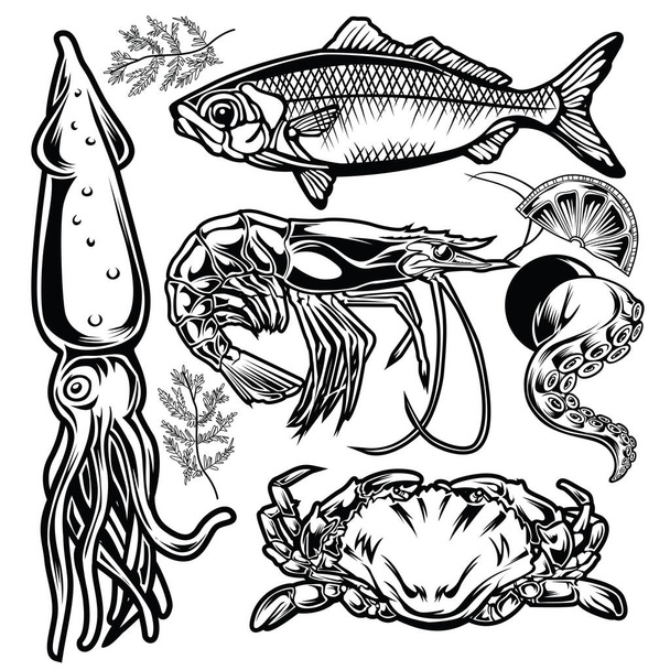 Dibujo Vintage Animal Set pescado cangrejo langosta cáscara limón Marisco ilustración vector - Vector, imagen