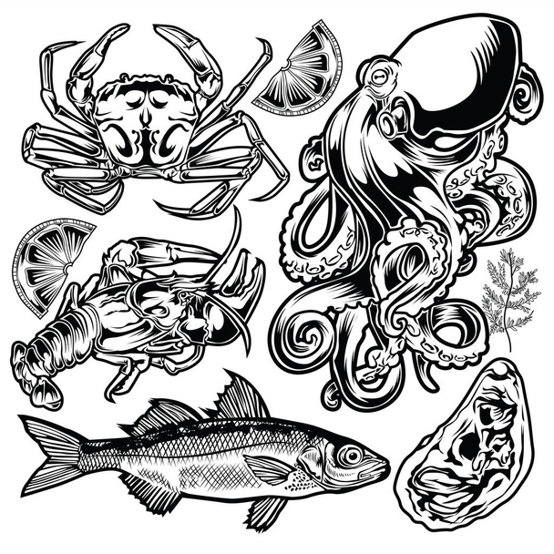 Zeichnung Vintage Animal Set Fisch Krabbe Hummer Schale Zitrone Meeresfrüchte Illustrationsvektor - Vektor, Bild